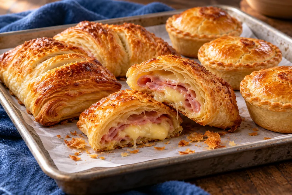 Folhados de presunto e queijo e empadas douradas