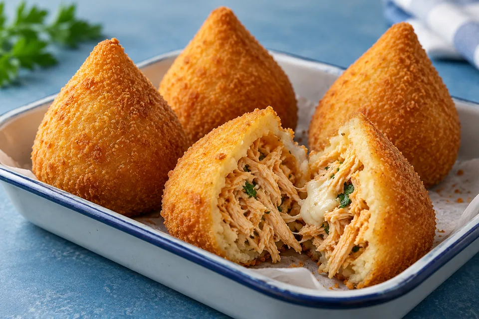 Coxinhas de massa de batata com recheio de frango