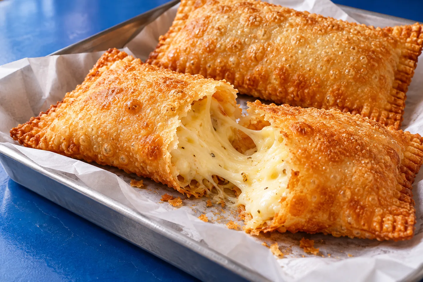 Pastel dourado aberto, com recheio cremoso de queijo